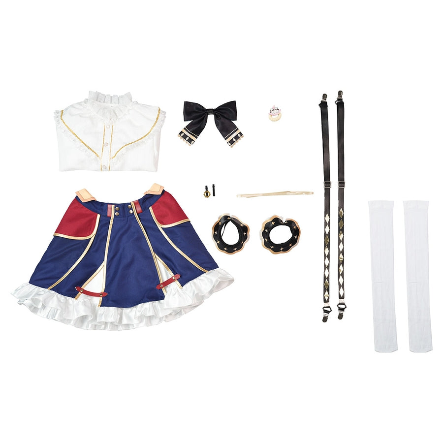 1883 Science and Medium Yongchu Taffy cosplay costume white shirt blue red skirt black bow suspenders socks accessories.