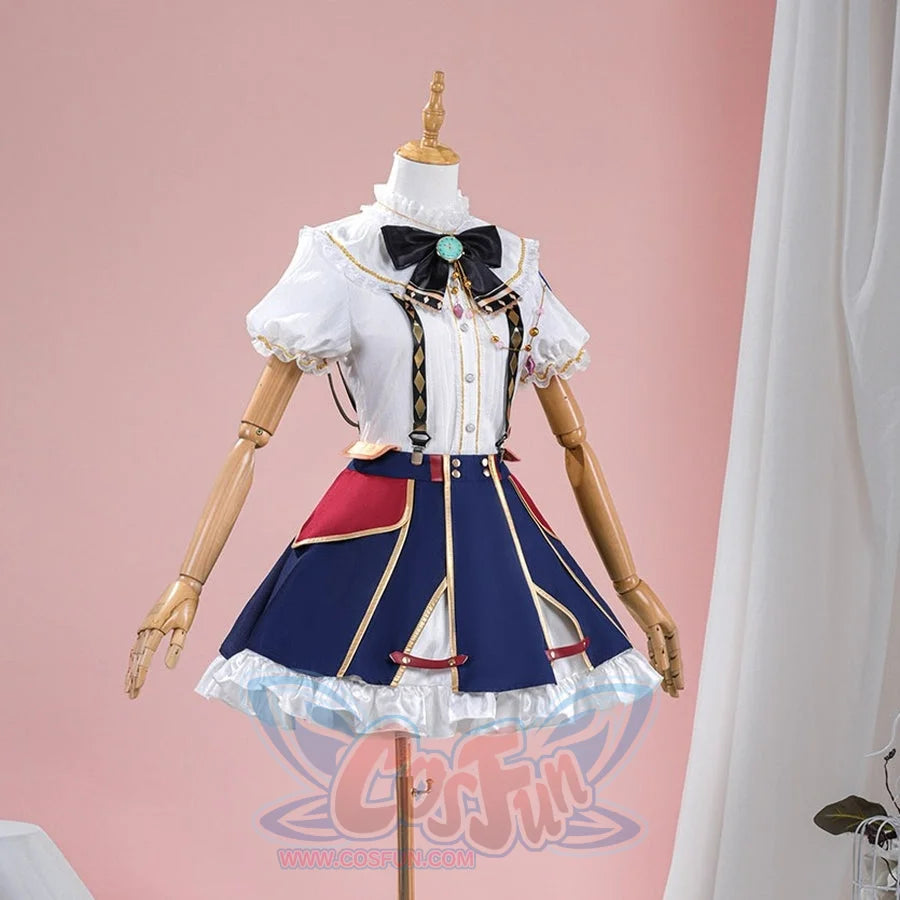 1883 Science and Medium Yongchu Taffy cosplay costume includes a white ruffled shirt and a dark blue suspender skirt set.