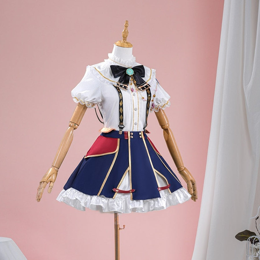 1883 Science and Medium Yongchu Taffy cosplay costume includes a white ruffled shirt and a dark blue suspender skirt set.