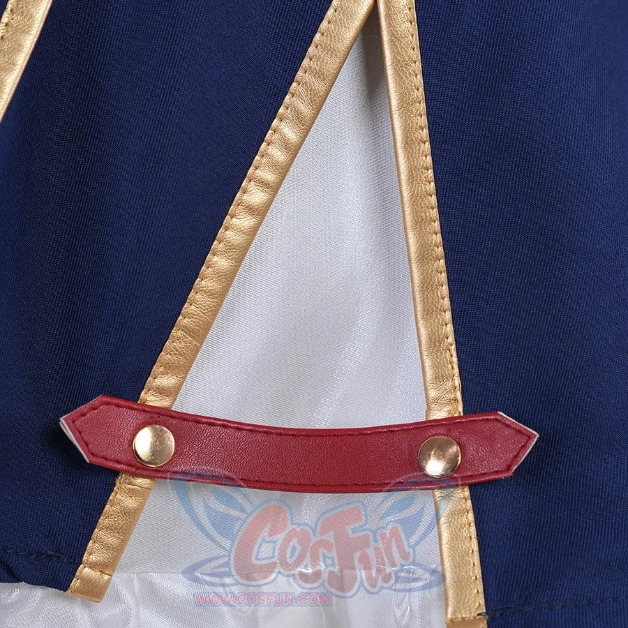 1883 Science and Medium Yongchu Taffy cosplay costume blue fabric gathers under a red strap beside gold-tone buttons.
