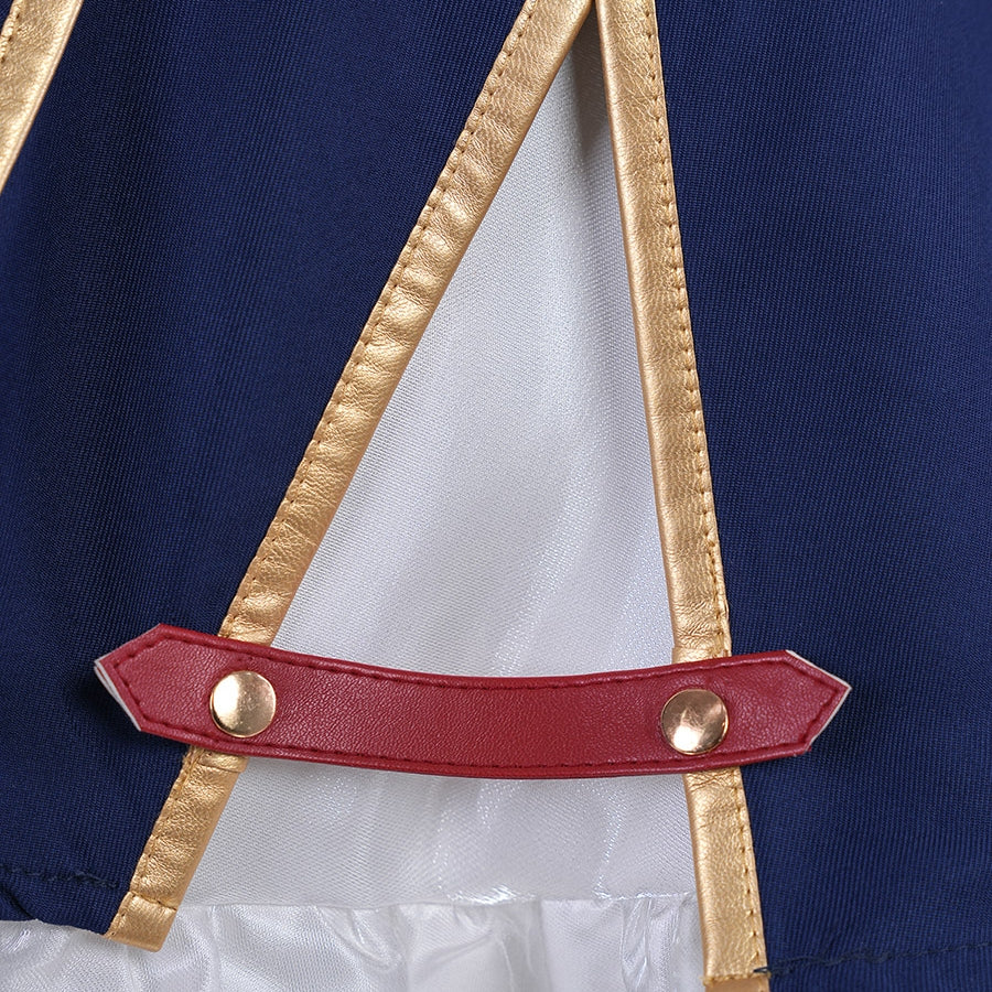 1883 Science and Medium Yongchu Taffy cosplay costume blue fabric gathers under a red strap beside gold-tone buttons.