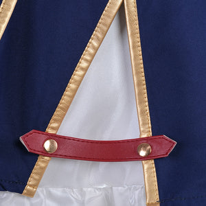 1883 Science and Medium Yongchu Taffy cosplay costume blue fabric gathers under a red strap beside gold-tone buttons.