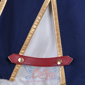 1883 Science and Medium Yongchu Taffy cosplay costume blue fabric gathers under a red strap beside gold-tone buttons.
