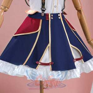 1883 Science and Medium Yongchu Taffy cosplay costume sets gold-tone trimmed blue panels over white ruffled satin underskirt.
