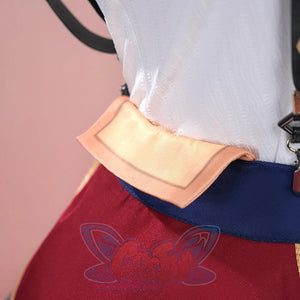 1883 Science and Medium Yongchu Taffy cosplay costume gathers a peach waist tab above the navy blue pleated skirt fabric.