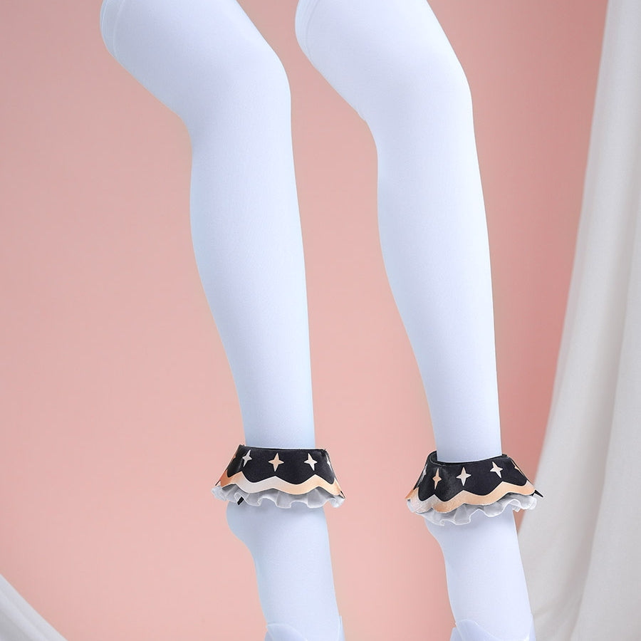 1883 Science and Medium Yongchu Taffy cosplay costume includes white socks anchored by black ruffles beside star designs.