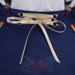 1883 Science and Medium Yongchu Taffy cosplay costume gathers a blue waistband tied beside a delicate gold-tone ribbon lace.