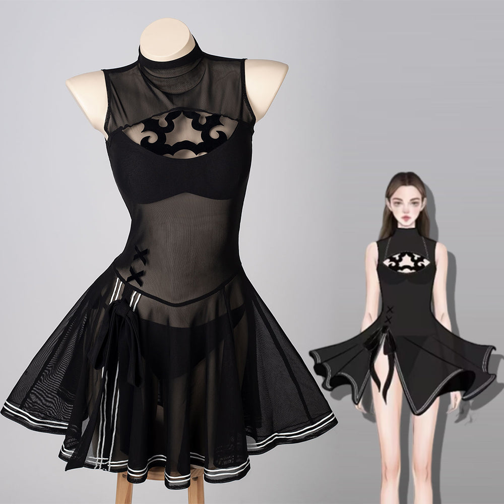 COSFUN NieR Automata YoRHa 2B cosplay swim dress sets black sheer layers around pale trim.