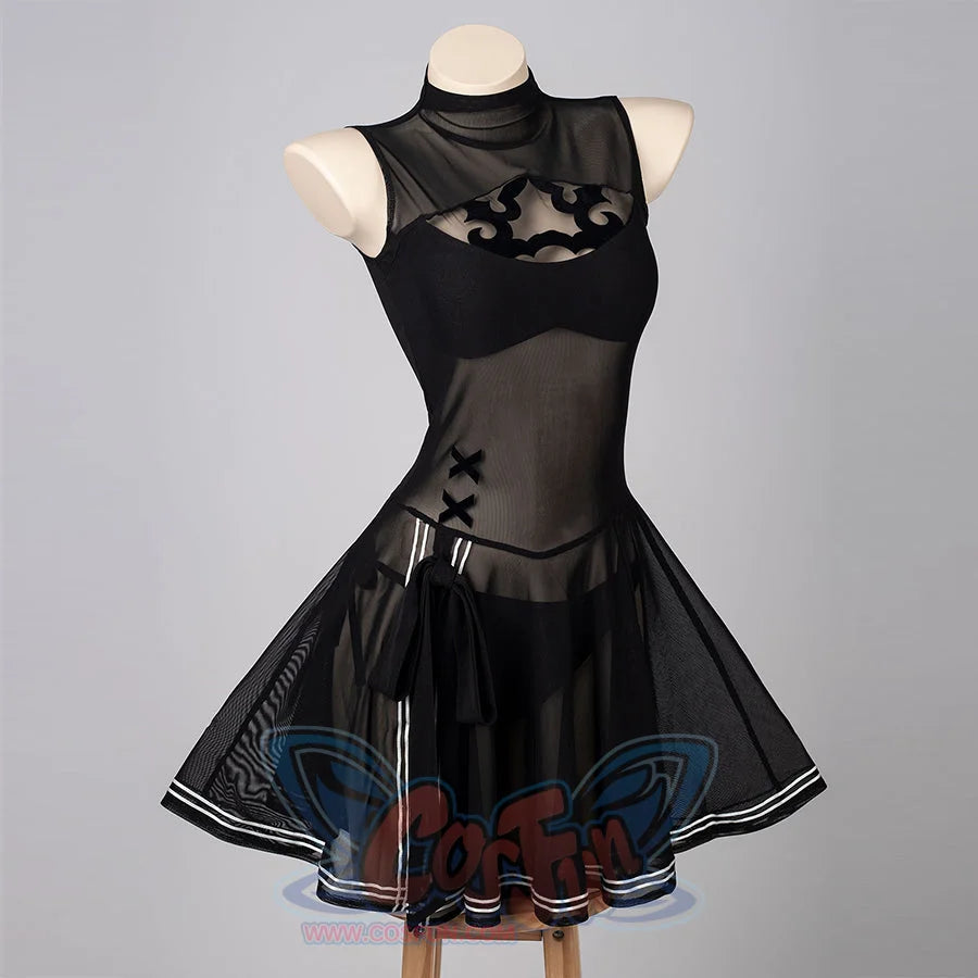 NieR Automata YoRHa 2B cosplay swim dress angles the mesh bodice around the black skirt layers.