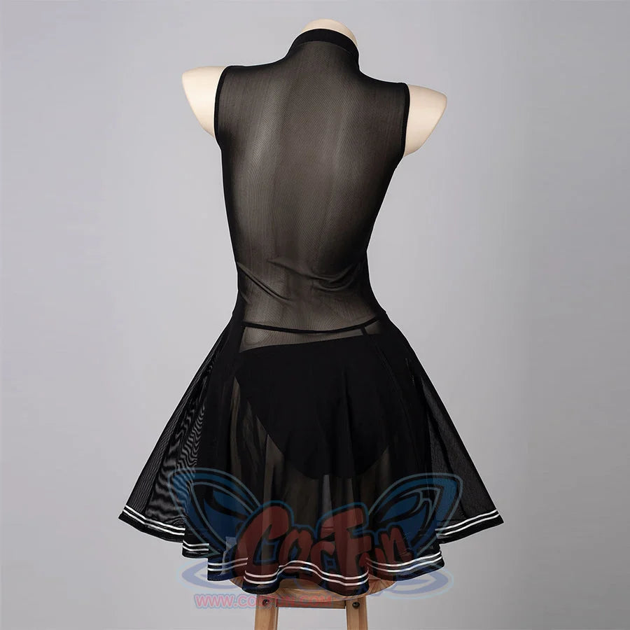 NieR Automata YoRHa 2B cosplay swim dress turns the sheer back bodice above the black skirt.