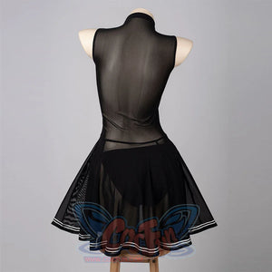 NieR Automata YoRHa 2B cosplay swim dress turns the sheer back bodice above the black skirt.