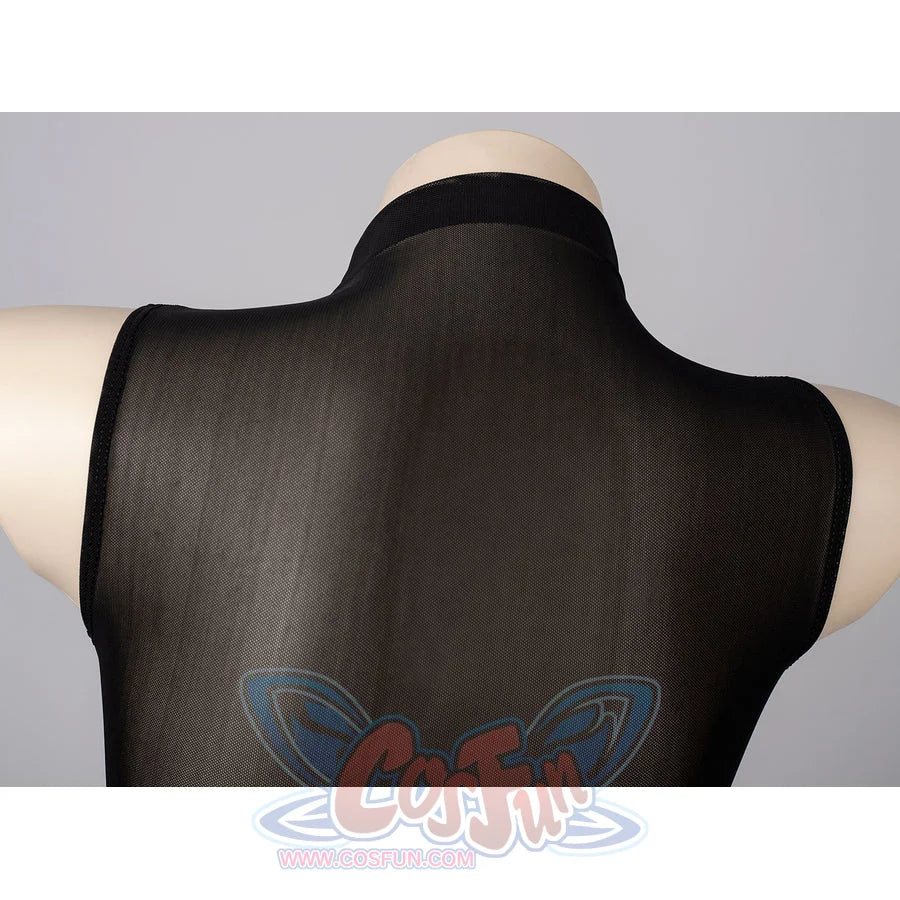 NieR Automata YoRHa 2B cosplay swim dress turns the sheer upper back and high collar.