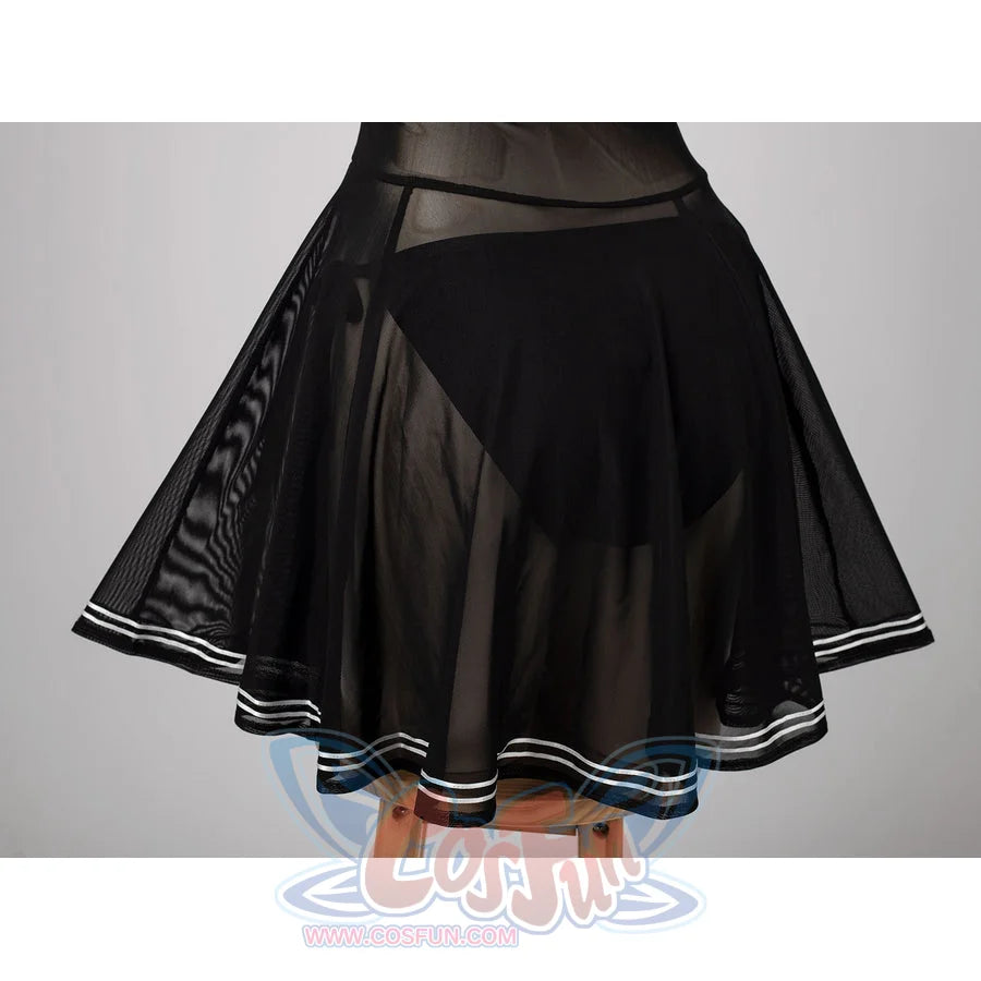 NieR Automata YoRHa 2B cosplay swim dress centers the flared back skirt and white stripe trim.