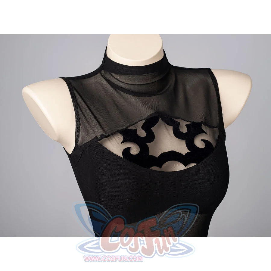 NieR Automata YoRHa 2B cosplay swim dress frames the floral chest cutout below the mesh collar.