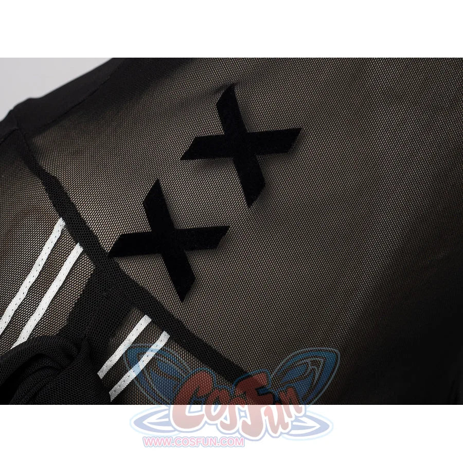 NieR Automata YoRHa 2B cosplay swim dress centers black cross appliques over sheer mesh fabric.