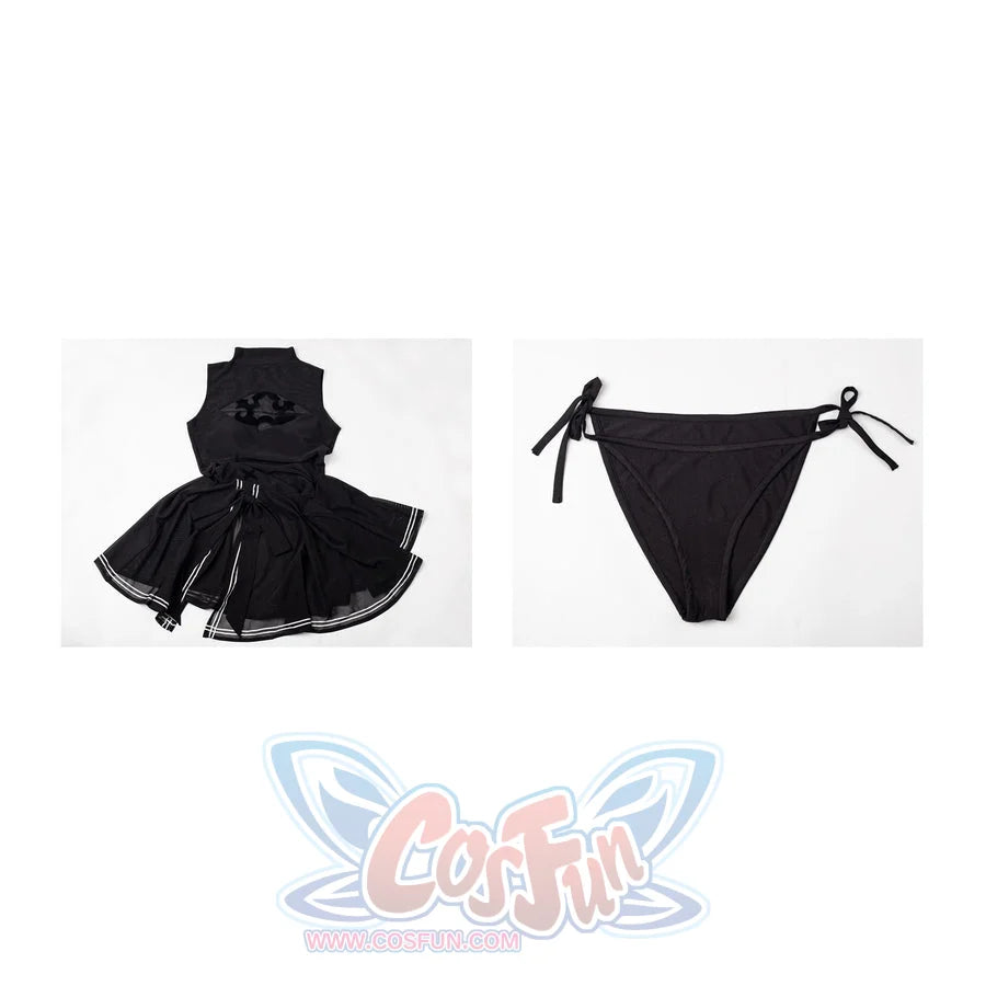 NieR Automata YoRHa 2B cosplay swim dress lays the swim dress and bikini bottom into a product layout.