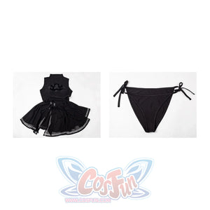 NieR Automata YoRHa 2B cosplay swim dress lays the swim dress and bikini bottom into a product layout.