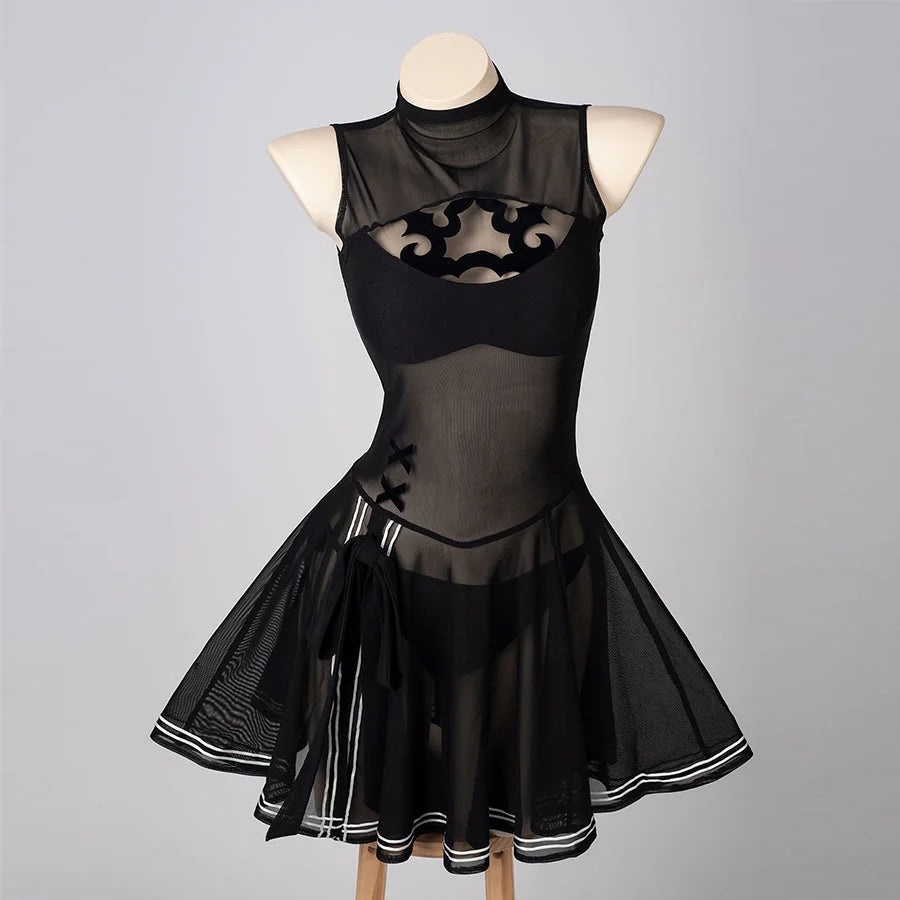 COSFUN NieR Automata YoRHa 2B cosplay swim dress centers a sheer black mesh bodice above the flared skirt.