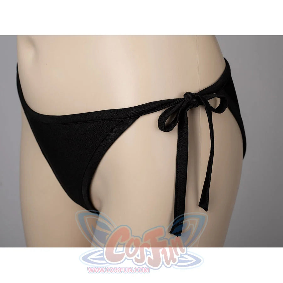 NieR Automata YoRHa 2B cosplay swim dress ties the black side string along the bikini bottom.