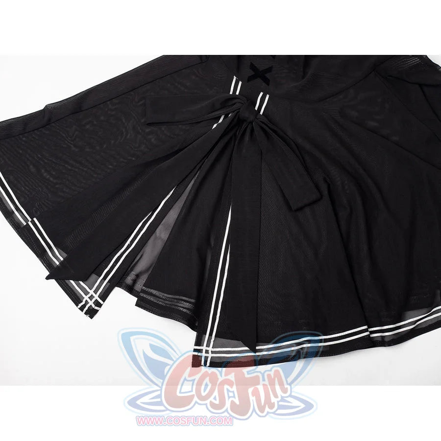 NieR Automata YoRHa 2B cosplay swim dress lays the black flared skirt around white stripe trim.