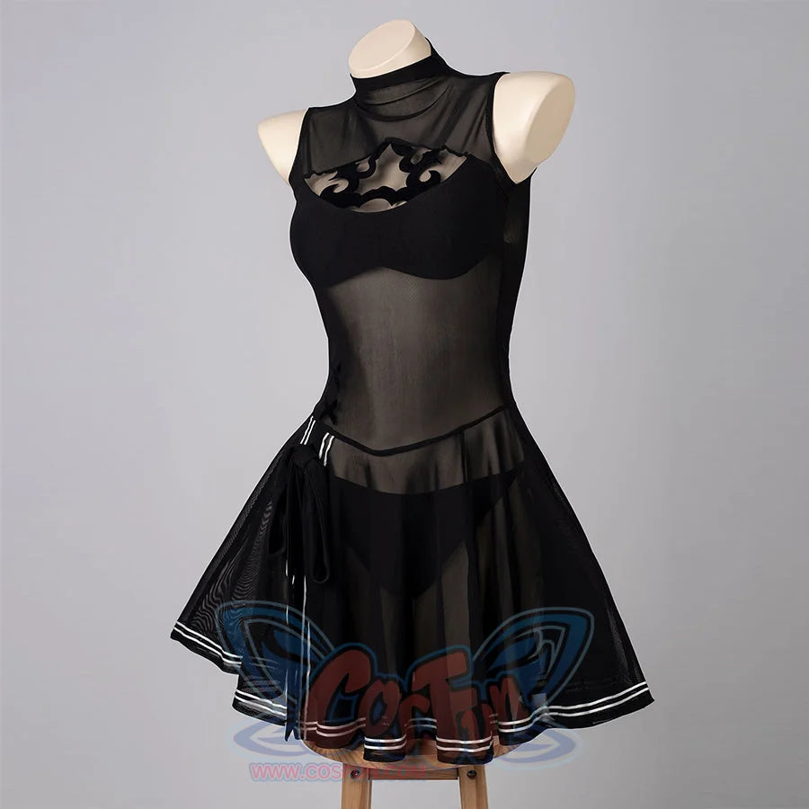 NieR Automata YoRHa 2B cosplay swim dress turns the sheer bodice toward the flared skirt hem.