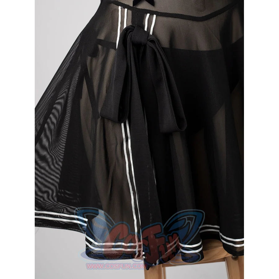 NieR Automata YoRHa 2B cosplay swim dress ties a black waist bow beside the flared skirt.