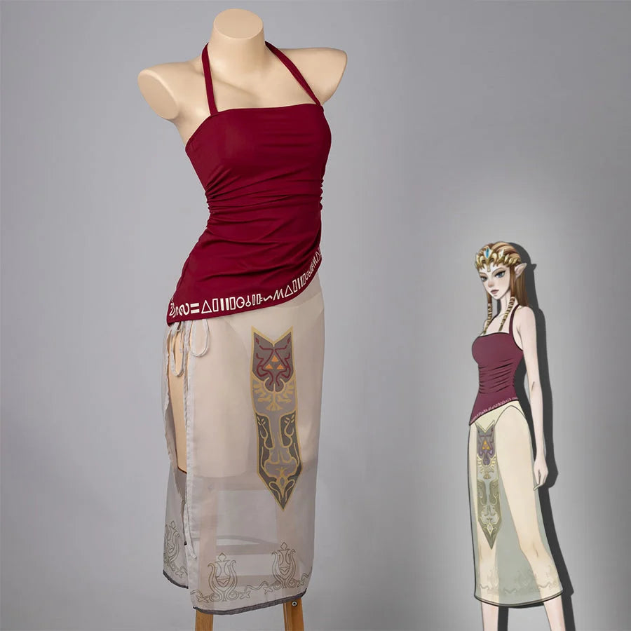 COSFUN Twilight Princess Zelda cosplay tankini layers a burgundy halter top over a sheer cream skirt.
