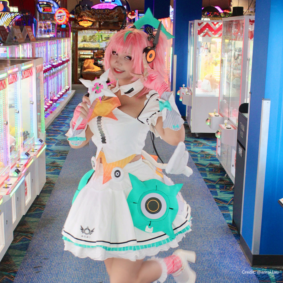 COSFUN Zenless Zone Zero Aria cosplay costume layers a white ruffled dress above teal skirt panels.