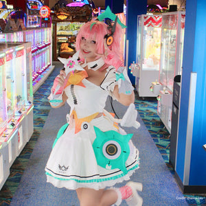 COSFUN Zenless Zone Zero Aria cosplay costume layers a white ruffled dress above teal skirt panels.