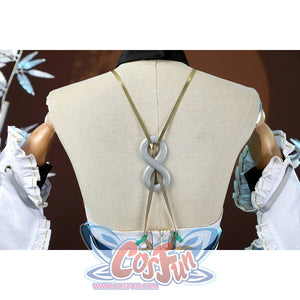 Zenless Zone Zero Dialyn cosplay back strap detail shows gold cords crossing behind the white bodice