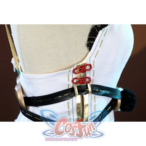 Zenless Zone Zero Dialyn cosplay back waist detail crosses black and gold straps over white fabric