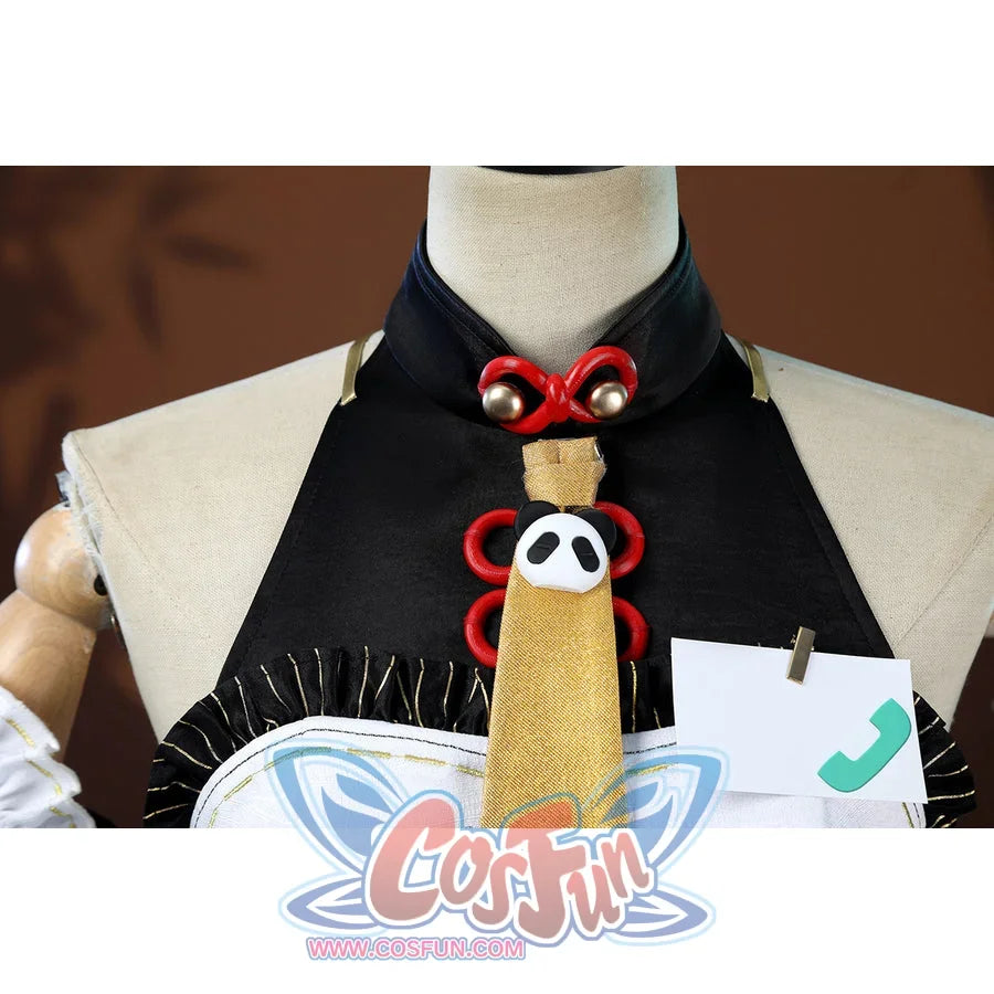Zenless Zone Zero Dialyn cosplay collar detail centers a panda necktie under red loops and black trim