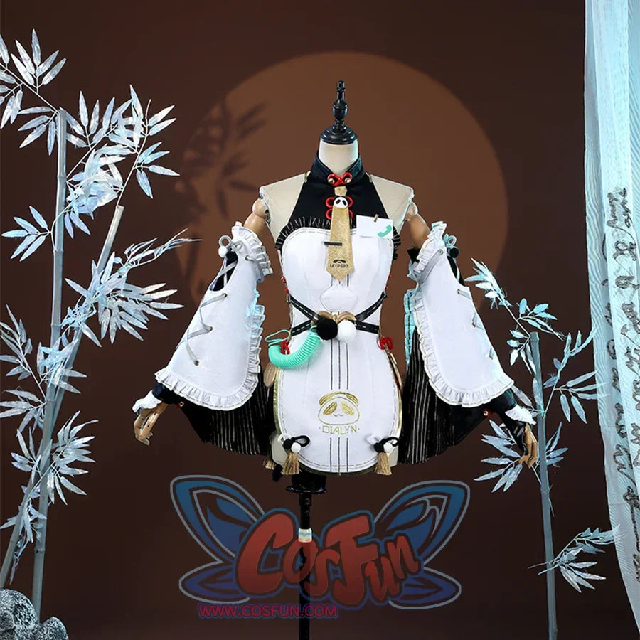 Zenless Zone Zero Dialyn cosplay costume front view centers gold waist hardware below wide white sleeves
