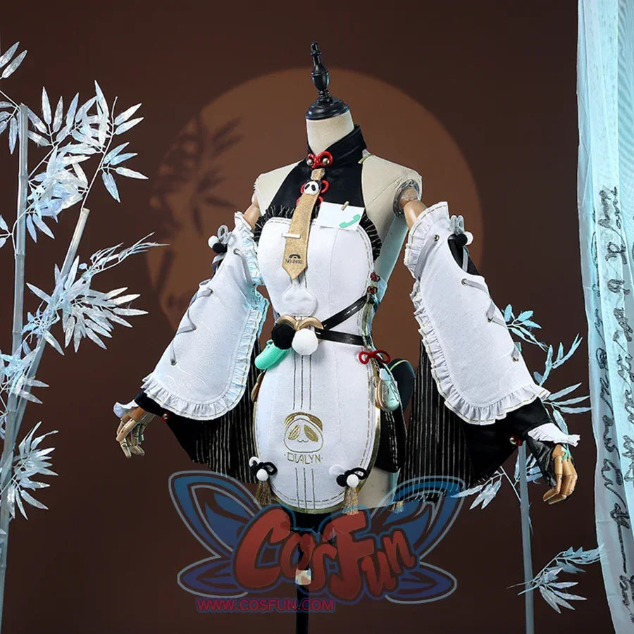 Zenless Zone Zero Dialyn cosplay costume front detail shows ruffled sleeves around a white bodice and black tie
