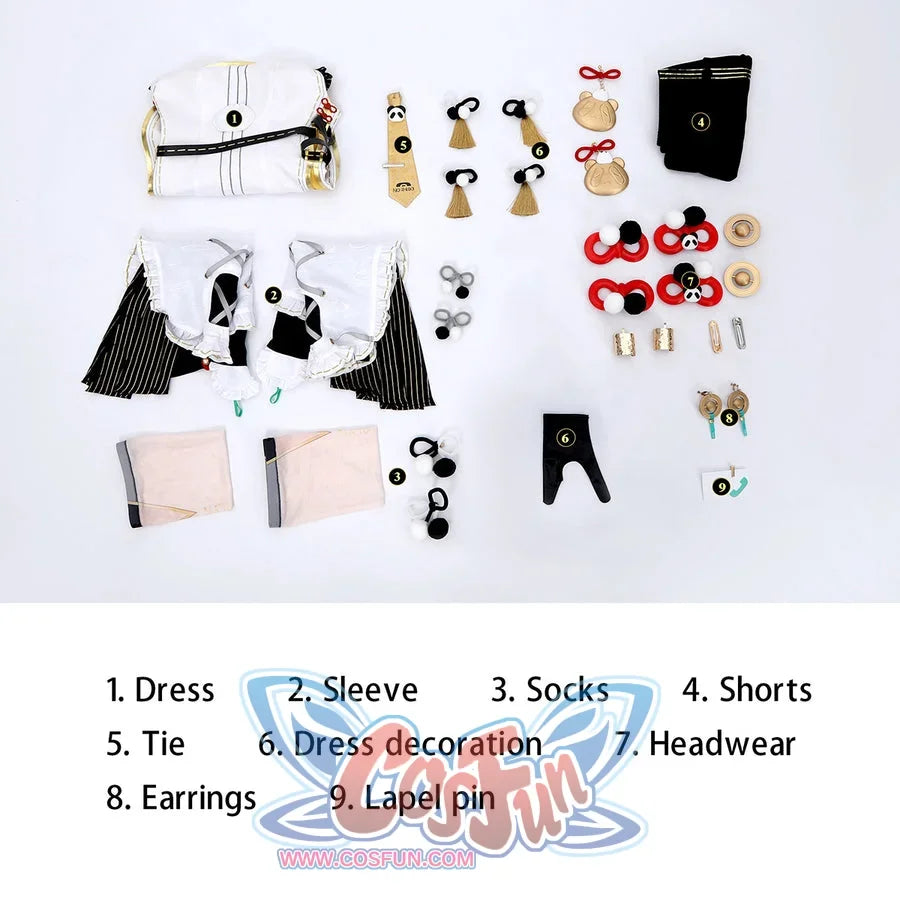 Zenless Zone Zero Dialyn cosplay costume flat lay arranges dress pieces, sleeves, accessories and legwear