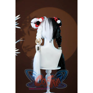 Zenless Zone Zero Dialyn cosplay headwear back detail shows black pom accents and red loops over white fabric
