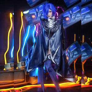 COSFUN Zenless Zone Zero Promeia cosplay costume layers a glossy dark cape over purple socks and leg rings.
