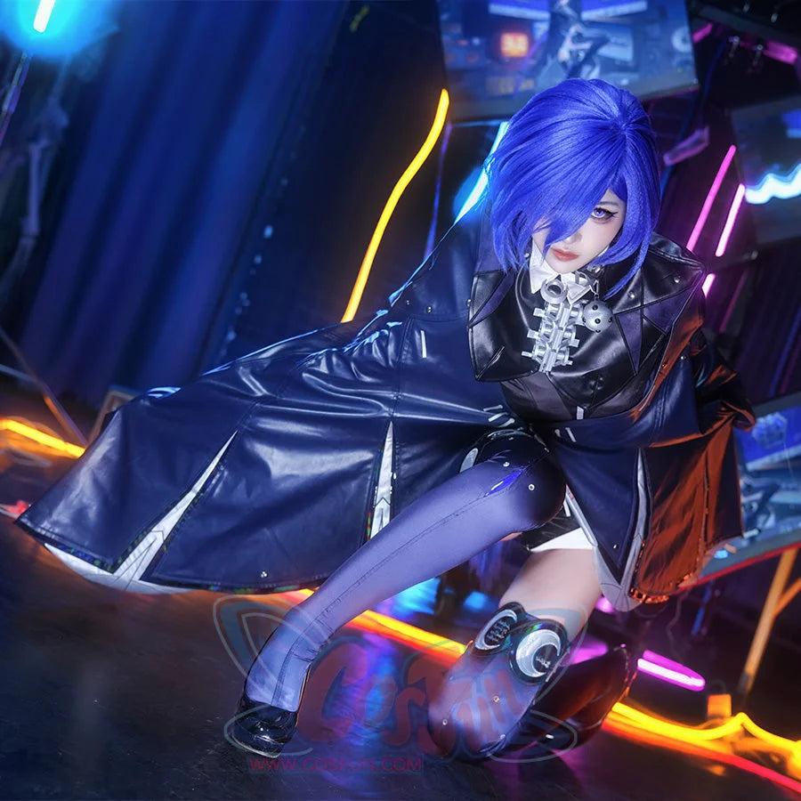 COSFUN Zenless Zone Zero Promeia cosplay costume layers a glossy dark cape over purple socks and leg rings.
