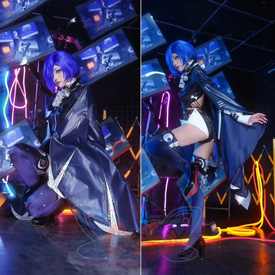 Zenless Zone Zero Promeia cosplay costume pairs cape views over black jumpsuit panels and purple leg rings.