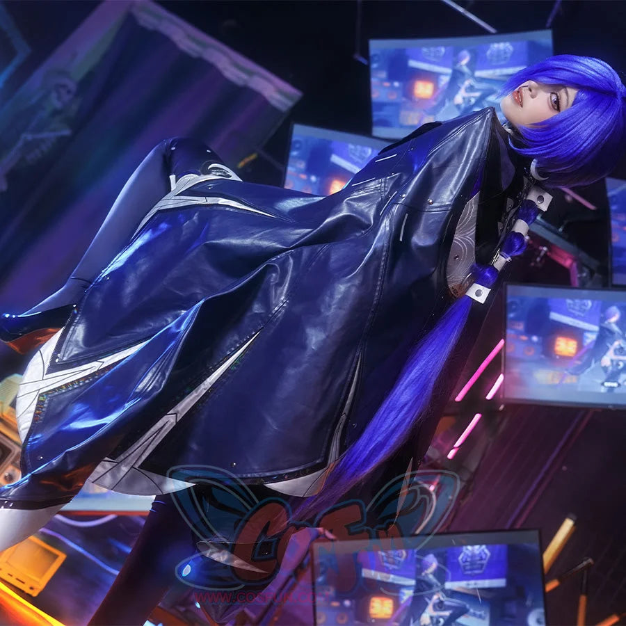 Zenless Zone Zero Promeia cosplay costume drapes a glossy dark cape across the side view and collar rings.