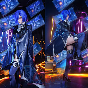 Zenless Zone Zero Promeia cosplay costume balances a dark cape with a raised knee and purple leg rings.
