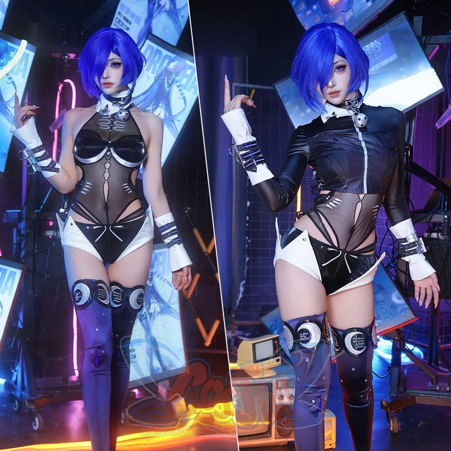 Zenless Zone Zero Promeia cosplay jumpsuit frames a black mesh bodice with white cuffs and purple leg rings.