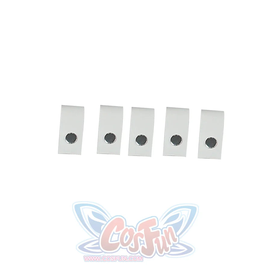 Zenless Zone Zero Promeia cosplay costume flat lay arranges small adhesive patches for the costume props.