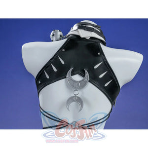 Zenless Zone Zero Promeia cosplay costume back shoulder detail drops a silver ring charm from black straps.