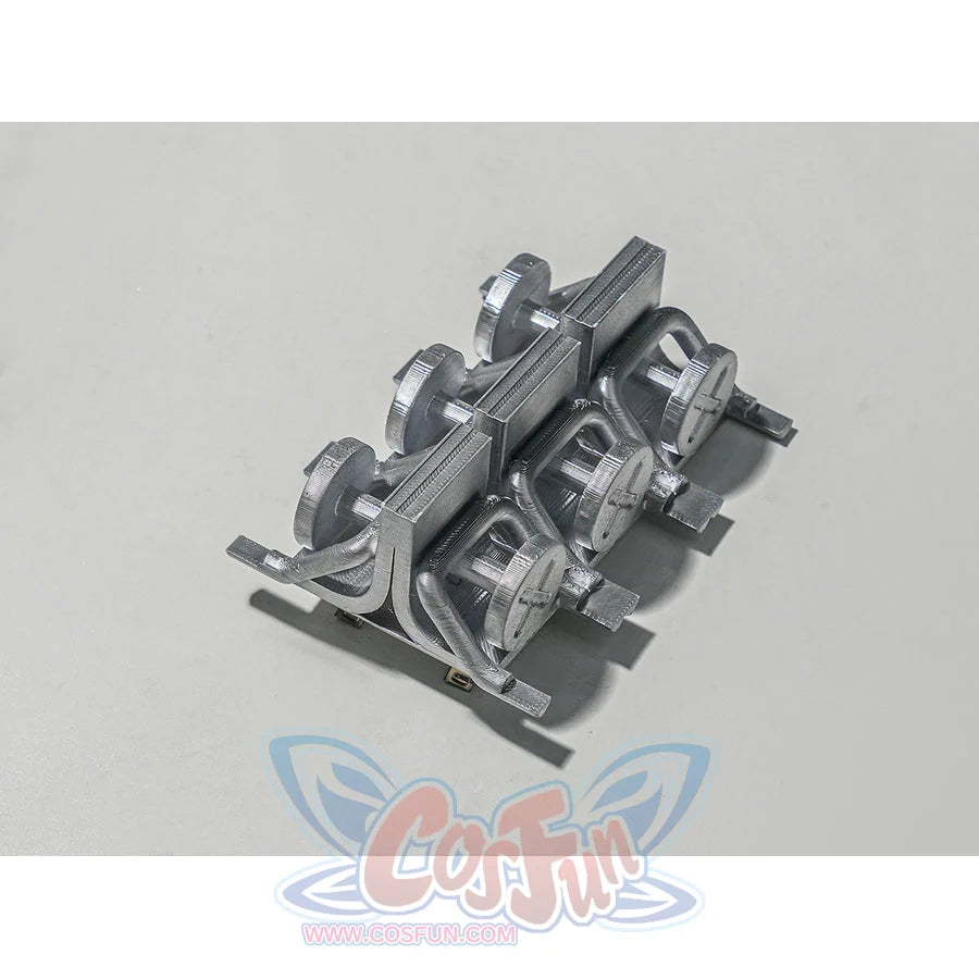 Zenless Zone Zero Promeia cosplay costume buckle prop detail arranges silver clasp pieces over a pale surface.