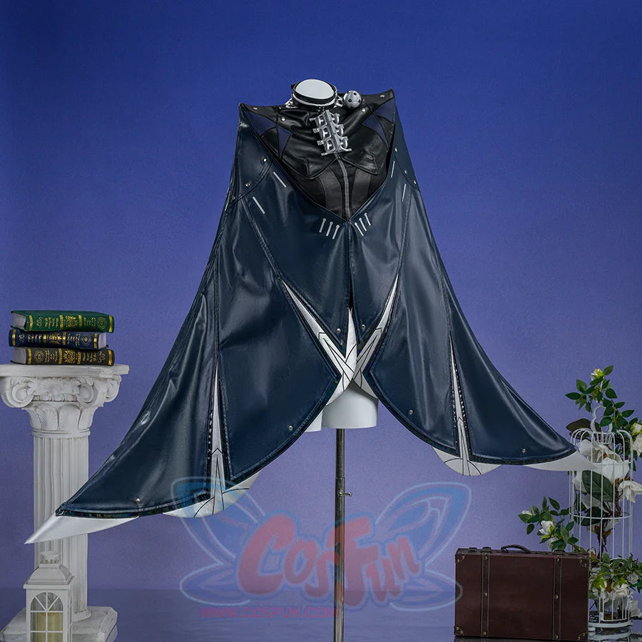 Zenless Zone Zero Promeia cosplay costume angles the glossy dark cape around the high collar and silver trim.