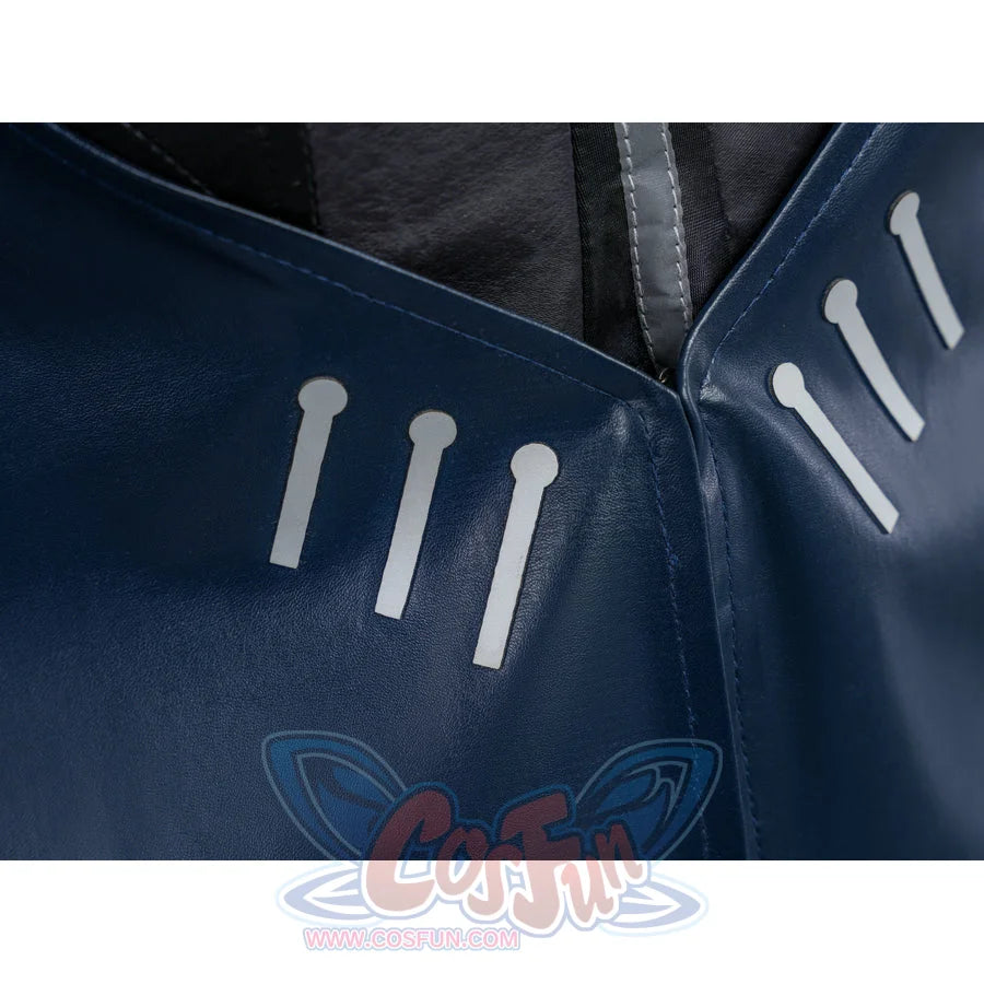 Zenless Zone Zero Promeia cosplay costume cape front detail traces silver markings through dark glossy panels.