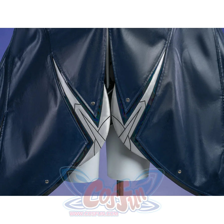 Zenless Zone Zero Promeia cosplay costume cape hem detail sets silver pointed trim between dark glossy panels.