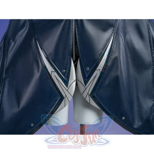 Zenless Zone Zero Promeia cosplay costume cape hem detail sets silver pointed trim between dark glossy panels.