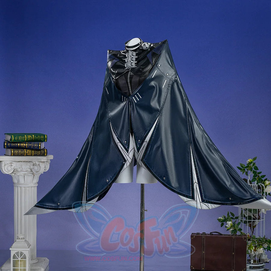 Zenless Zone Zero Promeia cosplay costume opens the cape panels wide around silver lower accents and dark fabric.